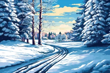 Schilderijen op glas winter landscape with snow and trees © Arash