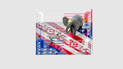 Illustration for US presidential election 2024. Election day. Vote 2024. Republican elephant and democratic donkey in the boxing ring.