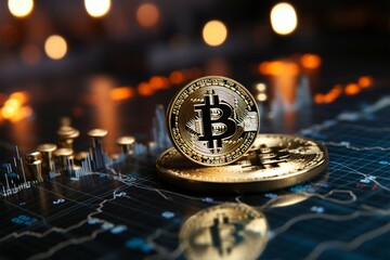 Gleaming bitcoin coin poised against a backdrop of exchange rate chart