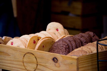 Delicious homemade cookies in a wooden box. A box of cookies. Sweets