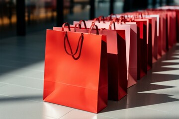 Vibrant red shopping bags placed neatly on the boutiques floor