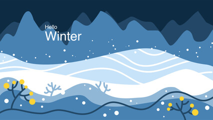 Winter snowy landscape card design. Mountains with pine tree forest. Vector