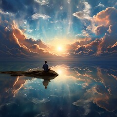 Isolated person gazes at the heavenly sky in a fantasy landscape, immersed in meditation and spiritual reflection.