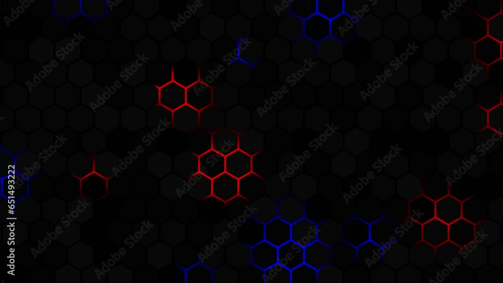 Poster abstract hexagon pattern with flashing shining light motion animation moving stripes on black backgr