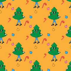 Christmas tree. In psychedelic groovy style. Seamless pattern