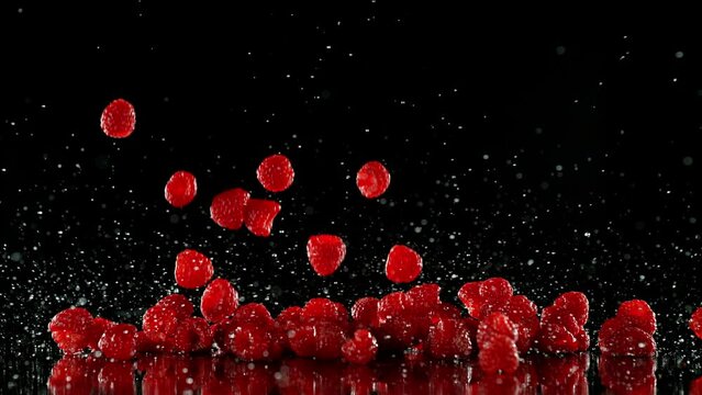 Super Slow Motion of Falling Strawberries into Water on Black Background. Filmed on High Speed Cinema Camera, 1000 fps.