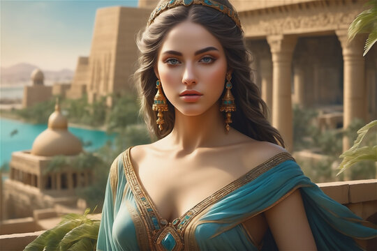 princess of babylon The beautiful Babylonian queen in the hanging gardens of Babylon. Tower of Babel and the beautiful queen.