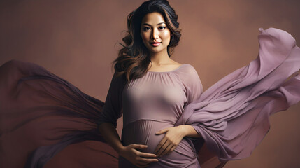 Young beautiful Chinese pregnant model in studio, happy beautiful pregnancy mother standing look at...