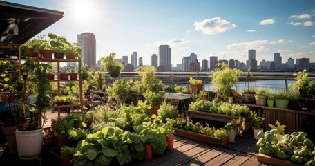 Fototapeta premium Rooftop garden brimming with fresh vegetables and herbs