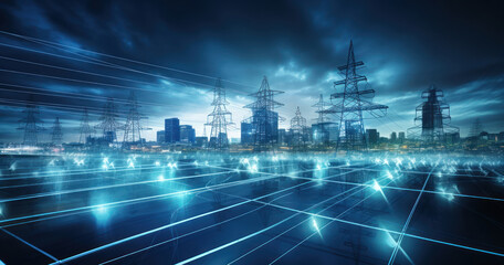 Electrical pylons with smart grid technology installed - obrazy, fototapety, plakaty