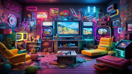Retro living room filled with iconic '80s pop culture items like cassette tapes and arcade games - obrazy, fototapety, plakaty