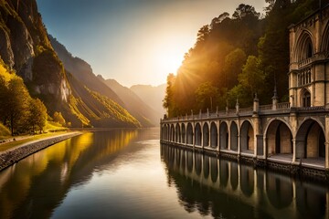 bridge over the river at sunset