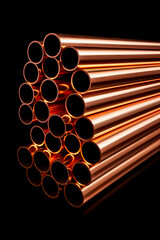 Copper Pipes used for plumbing, stacked and isolated on a black background with shallow field of view.