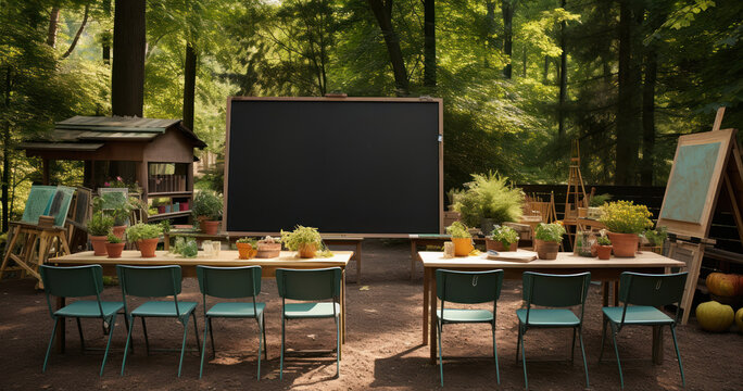 Temporary outdoor classroom set up in the woods, complete with blackboards and seating