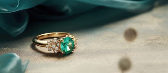 Gold ring with green emerald gems isolated pastel background Copy space
