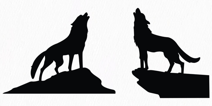 Silhouette set of wolf howling, walking, sitting on white paper textured background