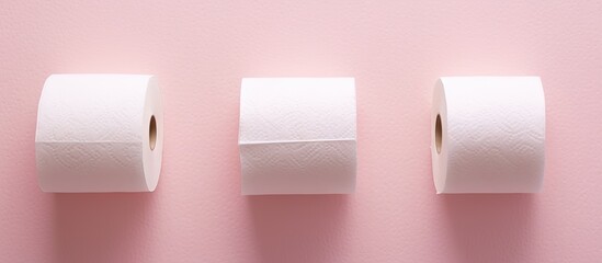 trio of toilet paper rolls isolated pastel background Copy space