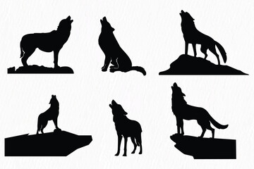 Silhouette set of wolf howling, walking, sitting on white paper textured background