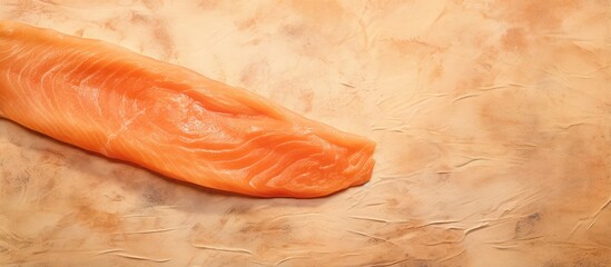 Top view of bread with slices of smoked salmon isolated pastel background Copy space