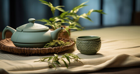 Traditional tea set perfectly aligned on a bamboo mat