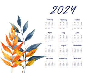 2024 annual calendar template with watercolor floral theme