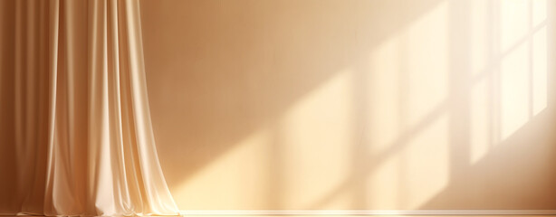 interior of a room with a beige wall illuminated by soft rays of the sun and a curtain. Generative Ai