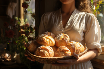 Obraz na płótnie Canvas Baker holds a tray of loaves. Interior of a bakery
