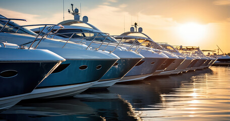 Luxury yachts lined up at a marina, ready for the boat show - obrazy, fototapety, plakaty