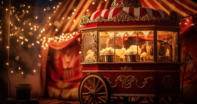 Popcorn machine lighting up a dim room at a vintage carnival