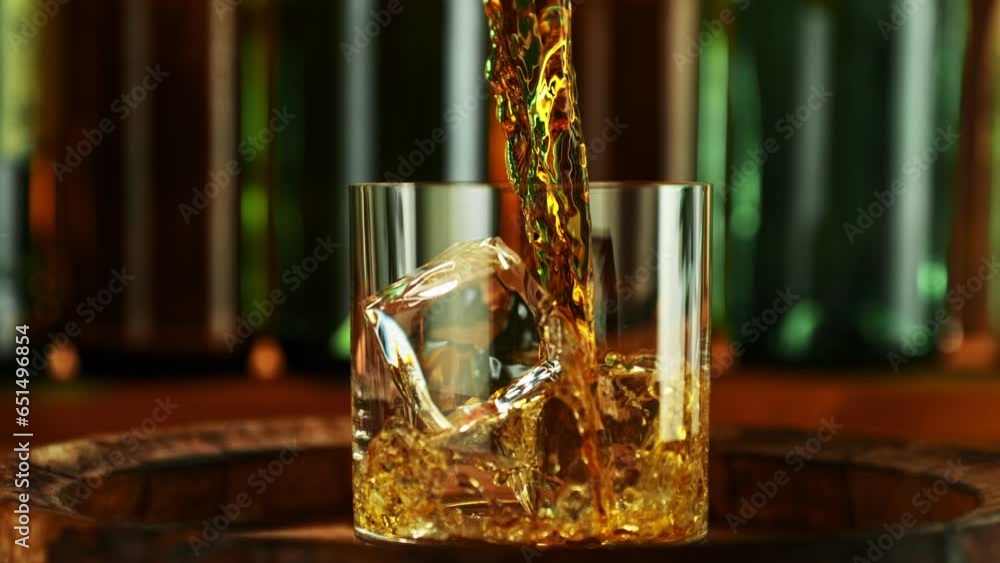 Aufkleber super slow motion of pouring whisky from bottle. filmed on high speed cinema camera, 1000 fps, place