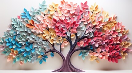 Colorful tree with leaves on hanging branches illustration background. 3d abstraction wallpaper . Floral tree with multicolor leaves 
 - obrazy, fototapety, plakaty