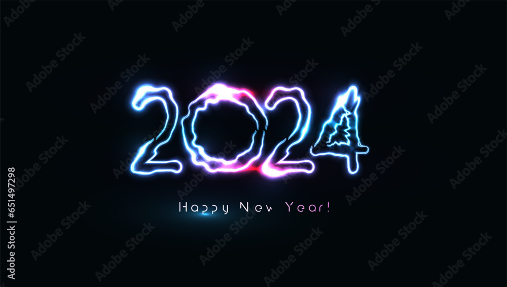 Poster new year numbers with lightning neon effect. electric energy and powerful thunderbolt lights for gre