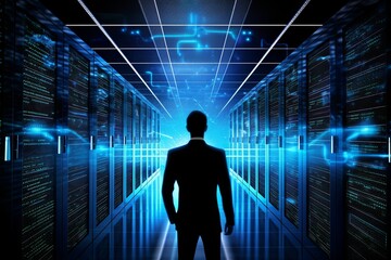 Fototapeta na wymiar Data center and computer servers with information background. Generative Ai image illustration, Generative AI 
