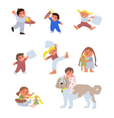 Cartoon isolated little kids, girls and boys in pajamas playing before bed. ready to go to bed. bedtime, child holding blanket and pillow, teddy bear toy for sleeping. Dog nanny. Vector illustration