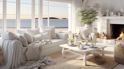Scandinavian Coastal Cottage Combining coastal and cottage aesthetics with a white slipcovered sofa, wicker furniture, and seashell decorations