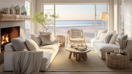 Scandinavian Coastal Cottage Combining coastal and cottage aesthetics with a white slipcovered sofa, wicker furniture, and seashell decorations