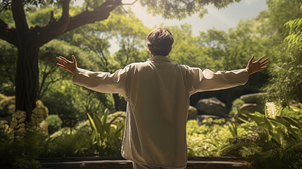 An outdoor setting featuring a person practicing Tai Chi in a lush garden