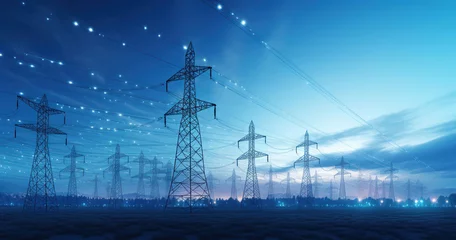 Fotobehang Electrical pylons with smart grid technology installed © Malika