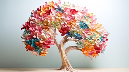 Artistic papercraft with a blossom tree with many flowers

