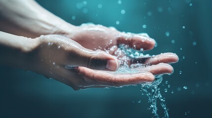 Fototapeta na wymiar closeup water flow to hand of women