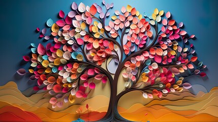 Artistic papercraft with a blossom tree with many flowers
