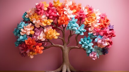 Artistic papercraft with a blossom tree with many flowers
