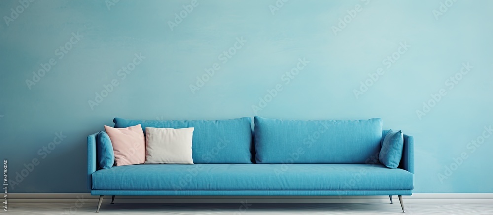 Poster Blue sofa with pillows on metal legs isolated on a isolated pastel background Copy space