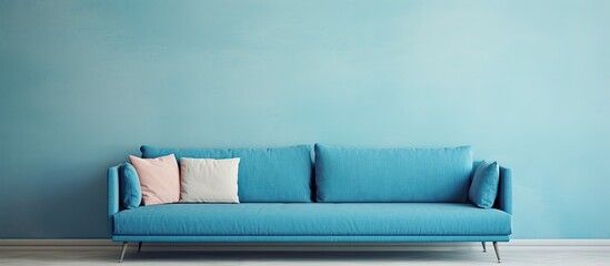 Blue sofa with pillows on metal legs isolated on a isolated pastel background Copy space