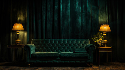 Dark and Moody Interiors: A dimly lit living room, draped in deep emerald velvet curtains. A charcoal tufted sofa stands against a wall of dark, hand-painted wallpaper. Vintage brass lamps. - obrazy, fototapety, plakaty
