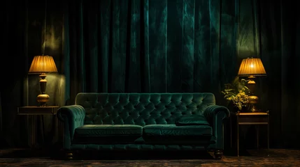 Fotobehang Dark and Moody Interiors: A dimly lit living room, draped in deep emerald velvet curtains. A charcoal tufted sofa stands against a wall of dark, hand-painted wallpaper. Vintage brass lamps. © GustavsMD