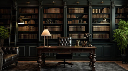 Dark and Moody Interiors: A home office with walls clad in black wooden panels. A leather-clad desk stands against a backdrop of floor-to-ceiling bookshelves. Green banker's lamps offer a subdued glow - obrazy, fototapety, plakaty