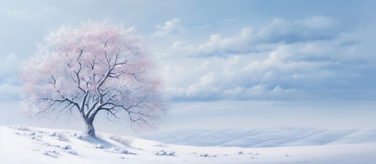Obraz na płótnie Canvas A snowy tree captured in a high quality photograph isolated pastel background Copy space