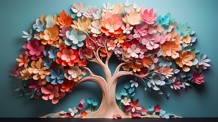 bright colorful pastel paper tree sculpture wall painting mural

