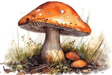 cute watercolor hand drawn mushrooms, colorful aquarelle vector paintings forest poisonous mushroom fly agaric in the grass. vector watercolor illustration. - obrazy, fototapety, plakaty